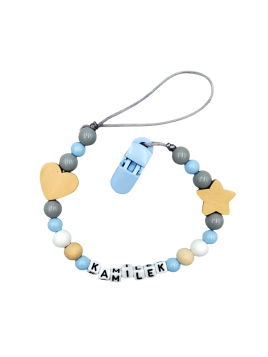 Personalizowana zawieszka do smoczka z imieniem dziecka niebiesko szara