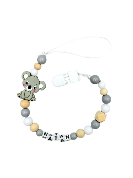 Zawieszka do smoczka z imieniem dziecka lekka przywieszka szaro beżowa