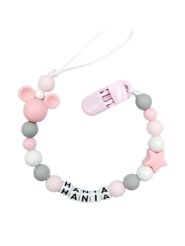 Zawieszka do smoczka z imieniem dziecka lekka różowa szara