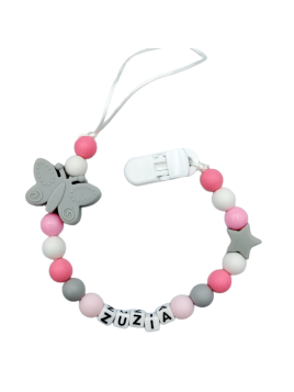 Zawieszka do smoczka z imieniem dziecka szaro różowa