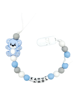 Zawieszka do smoczka z imieniem dziecka błękitna szara przywieszka