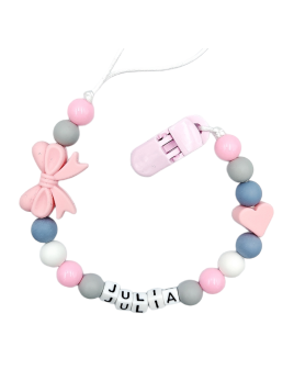 Zawieszka do smoczka z imieniem dziecka lekka przywieszka róż szary