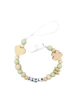 Zawieszka do smoczka z imieniem dziecka lekka zielony beżowy