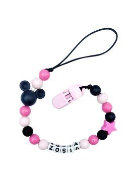 Czarno różowa zawieszka do smoczka z imieniem dla dziewczynki