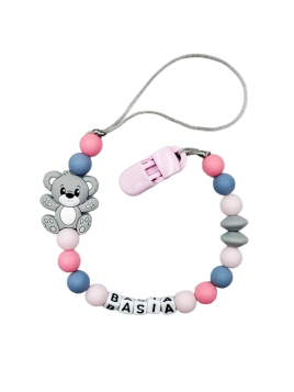 Zawieszka do smoczka z imieniem dziecka dla dziewczynki różowa szara