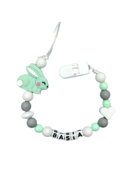 Zawieszka do smoczka z imieniem dziecka miętowa szara