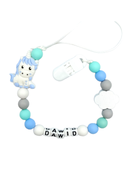 Zawieszka do smoczka z imieniem dziecka miętowa niebieska szara