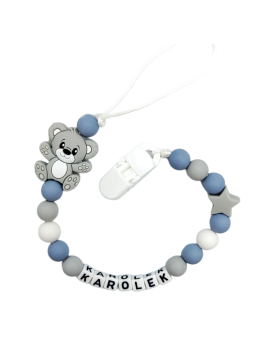 Zawieszka do smoczka z imieniem dziecka lekka szara silikonowa