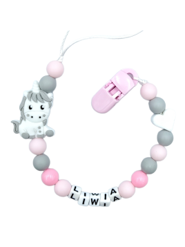 Różowa zawieszka do smoczka z imieniem dziecka z koralików