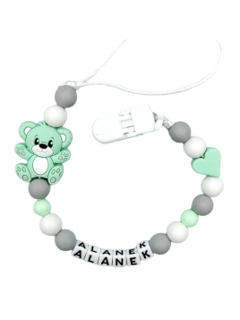 Zawieszka do smoczka z imieniem dziecka miętowo szara