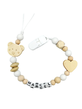 Zawieszka do smoczka z imieniem dziecka lekka beżowa biała drewniana