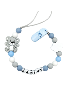 Silikonowa niebiesko szara zawieszka do smoczka z imieniem