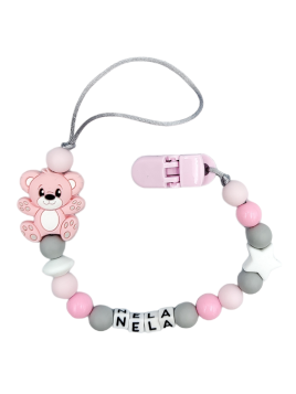 Zawieszka do smoczka z imieniem różowa, szara, biała.