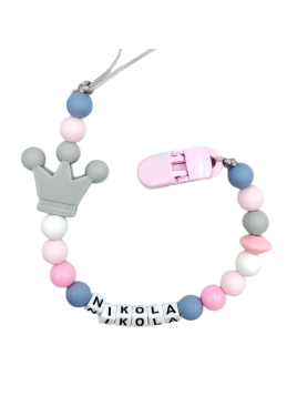 Różowo szara przywieszka do smoczka z imieniem z koralików