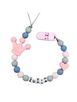 Szaro różowa zawieszka do smoczka z imieniem