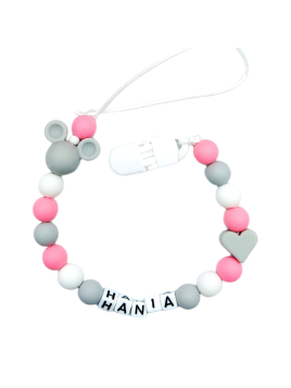 Szaro różowa Zawieszka do smoczka z imieniem dziecka