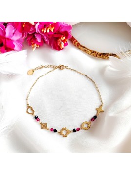 Bransoletka ze złotej stali chirurgicznej na kostkę różowo fioletowe kamienie