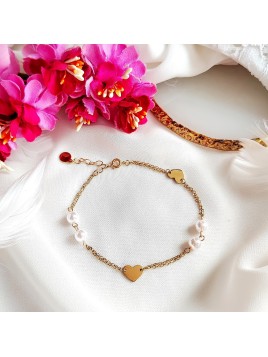 Bransoletka ze złotej stali chirurgicznej z perełkami i serduszkami