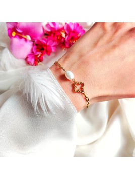 Bransoletka z koniczynką i perłą naturalną Złota ze stali chirurgicznej