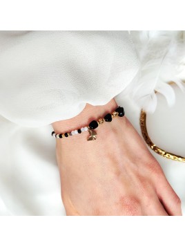 Bransoletka z czarnych Kamieni ze złotym motylkiem ze stali chirurgicznej