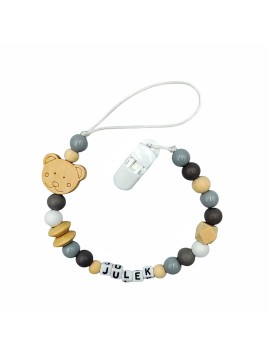 Zawieszka do smoczka z imieniem dziecka brązowa Szara przywieszka drewniana