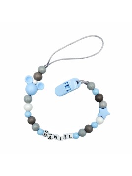 Zawieszka do smoczka z imieniem dziecka Niebieska Szara z koralików dla chłopca