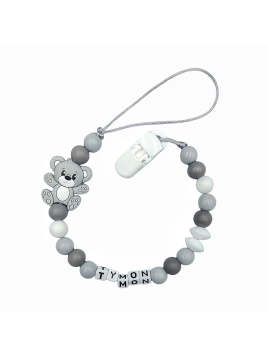 Szara zawieszka do smoczka z imieniem dla dziecka