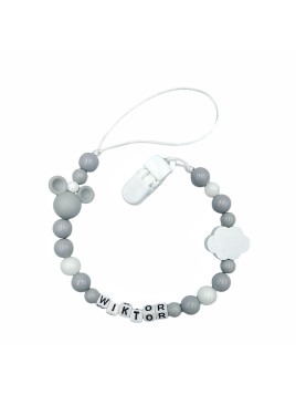 Zawieszka do smoczka z imieniem dziecka przywieszka szara