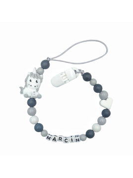 Zawieszka do smoczka z imieniem dziecka z koralików Szary Szara Lekka