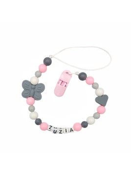 Zawieszka do smoczka z imieniem dziecka z koralików Różowo szara