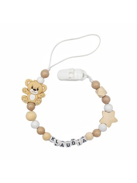 Beżowa zawieszka do smoczka z koralików z misiem