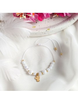 Bransoletka z perłowych koralików z Aniołkiem na sznurku Pamiątka Komunijna