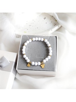 Bransoletka złote Serce Aniołek biała z koralików Pierwsza Komunia Święta Chrzest