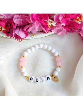 Bransoletka z imieniem dziecka z koralików z Aniołkiem Pamiątka Komunijna