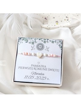 Bransoletka z kamieni naturalnych z serduszkiem z masy perłowej na różowym sznurku