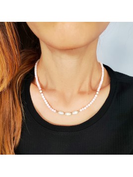 Naszyjnik z perłami naturalnych i różową masą perłową