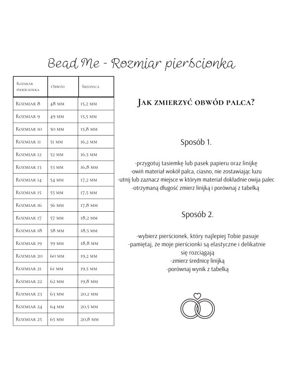 tabelka z rozmiarami pierścionka z koralików