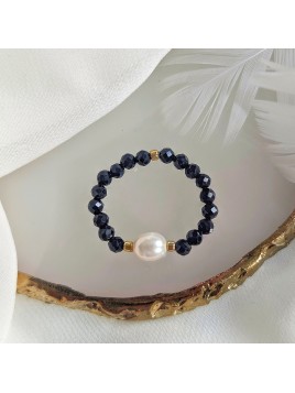 Pierścionek z czarnego turmalinu i naturalnej perły