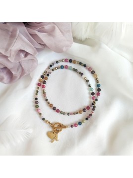 Naszyjnik z kolorowego turmalinu z serduszkiem i literką