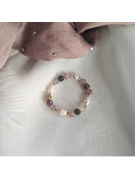 Pierścionek z kolorowego turmalinu i perły