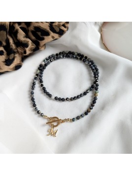 Naszyjnik z Turkusu Afrykańskiego i Czarnego Turmalinu z literką