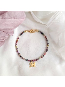 Bransoletka z kamienia turmalin z zawieszką złotą literką