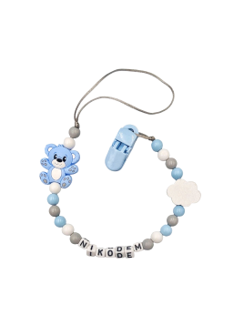 Zawieszka do smoczka z imieniem dziecka niebieska szara