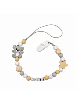 Beżowo szara zawieszka do smoczka z imieniem dziecka