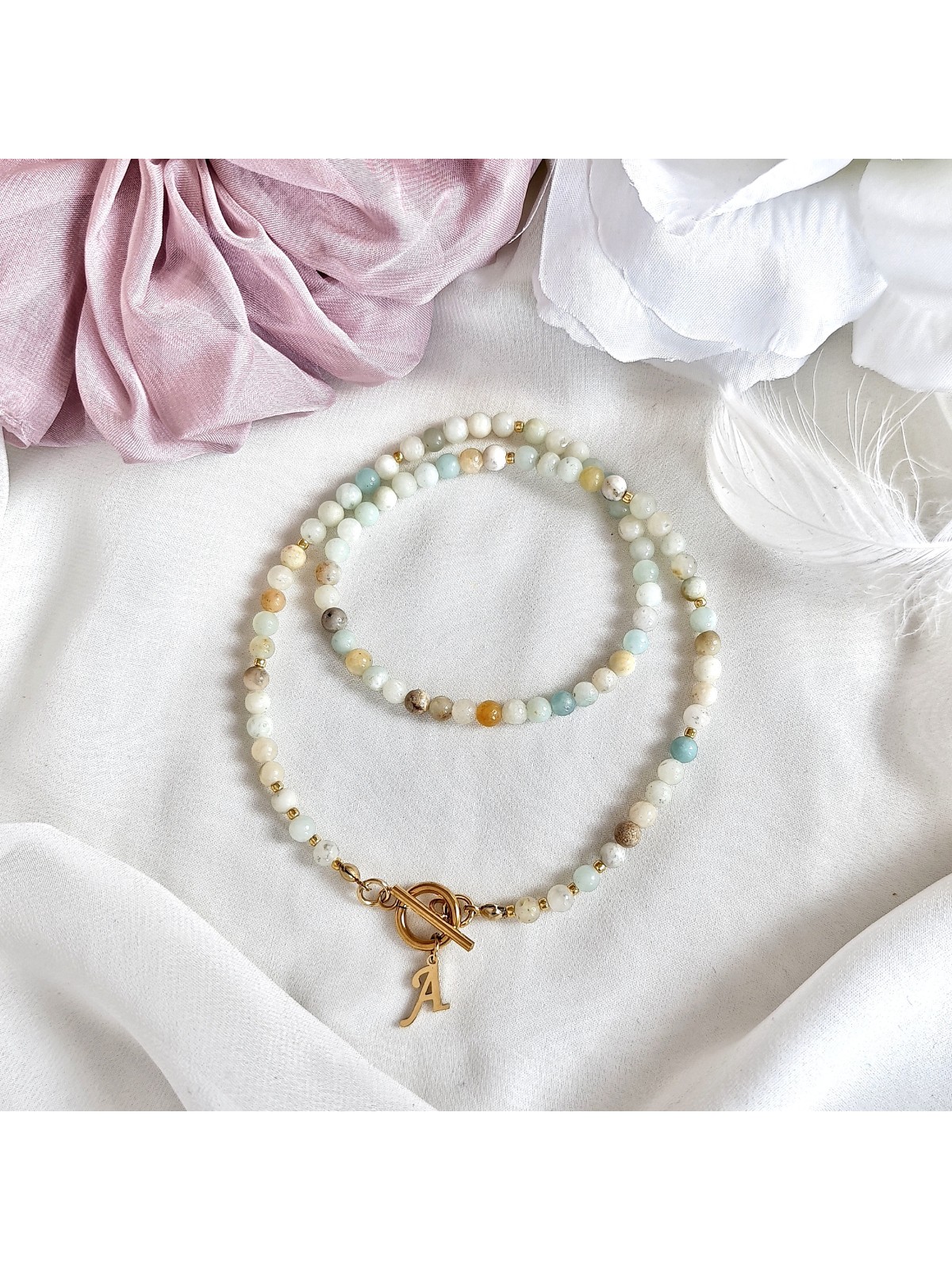 Naszyjnik z zawieszką literką z kamienia amazonit