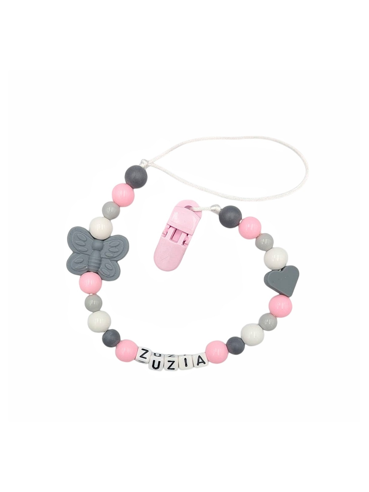 Zawieszka do smoczka z imieniem dziecka różowo szara