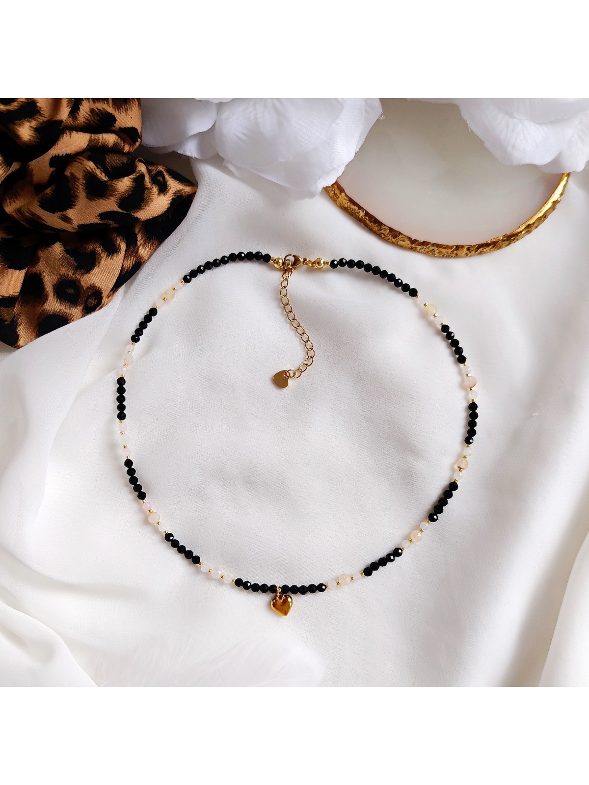 Naszyjnik z turmalinu cytrynu i kwarcu różowego z serduszkiem