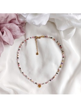 Naszyjnik z agatu, kryształu górskiego, ametystu, liolitu, rodonitu i akwamarynu z serduszkiem