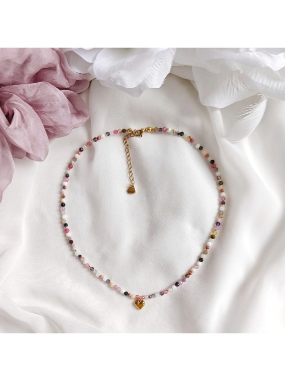 Naszyjnik z agatu, kryształu górskiego, ametystu, liolitu, rodonitu i akwamarynu z serduszkiem