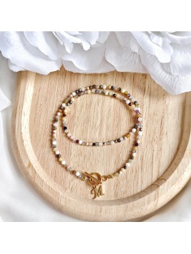 Naszyjnik z kamieni Opal Rodonit Granat z literką